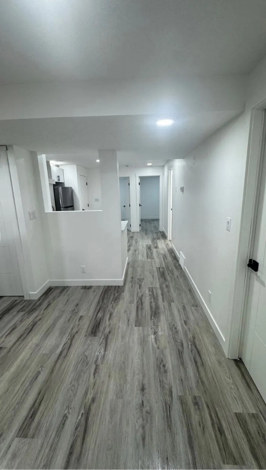 Open basement living area with vinyl plank flooring and recessed lighting